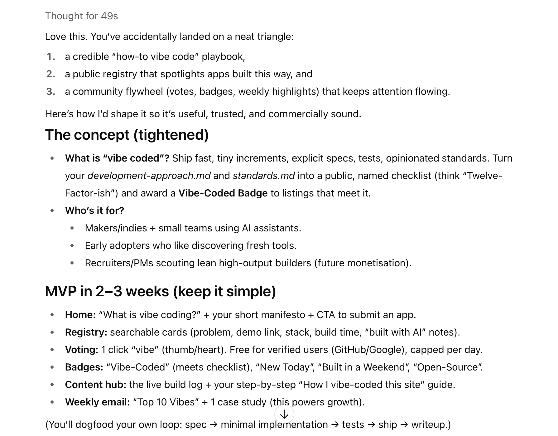 A brainstorming session with an AI, refining the concepts for UpvoteVibe.